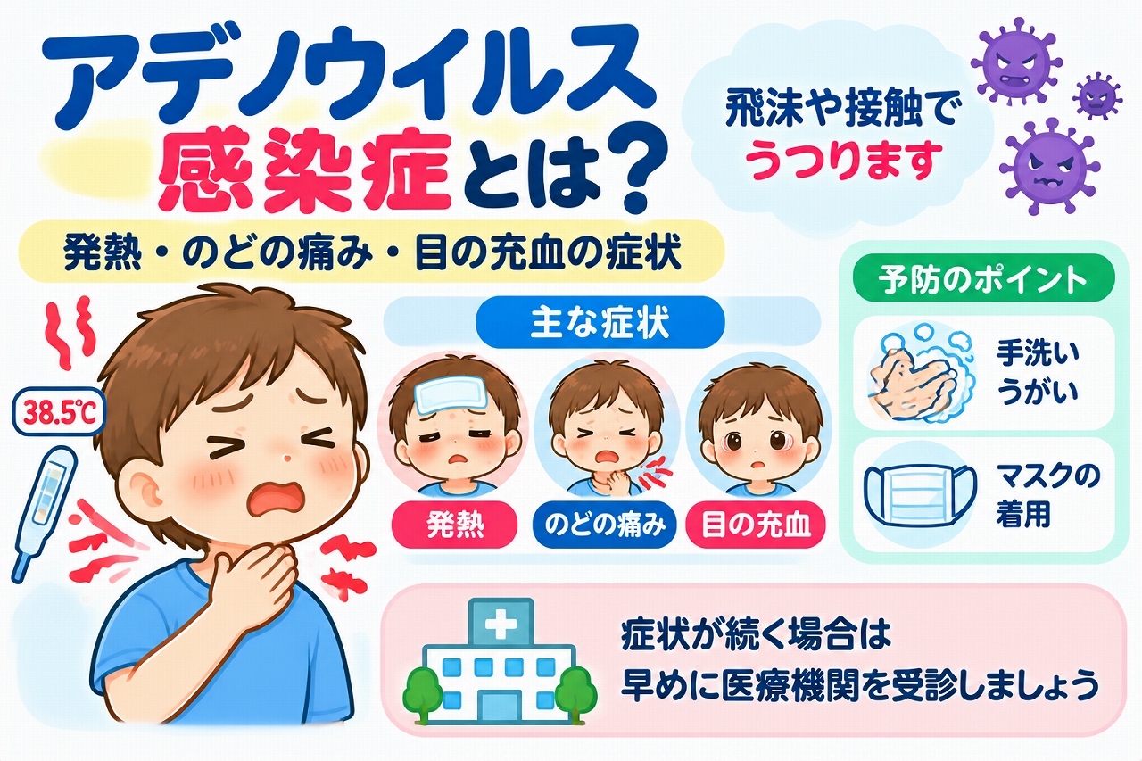 アデノウイルス感染症の主な症状や感染経路、予防方法を解説した医療インフォグラフィック。発熱、のどの痛み、目の充血などの症状を子どものイラストで紹介。飛沫や接触による感染と、手洗い、マスクの着用などの感染対策、症状が続く場合の受診の目安を図解。