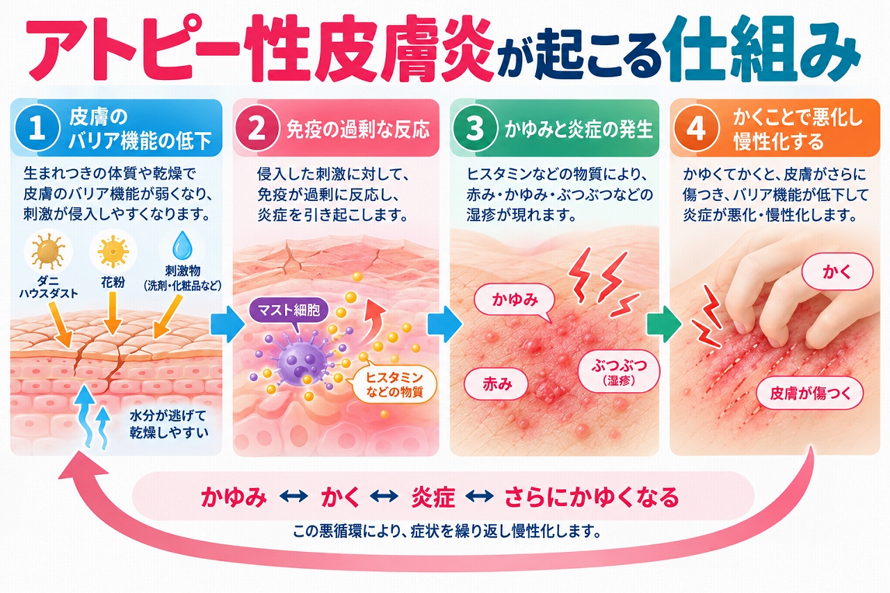 アトピー性皮膚炎が起こる仕組みを、皮膚のバリア機能低下、アレルゲンや刺激物の侵入、免疫反応による炎症、かゆみ、かき壊しによるさらなるバリア機能低下という悪循環で示した図