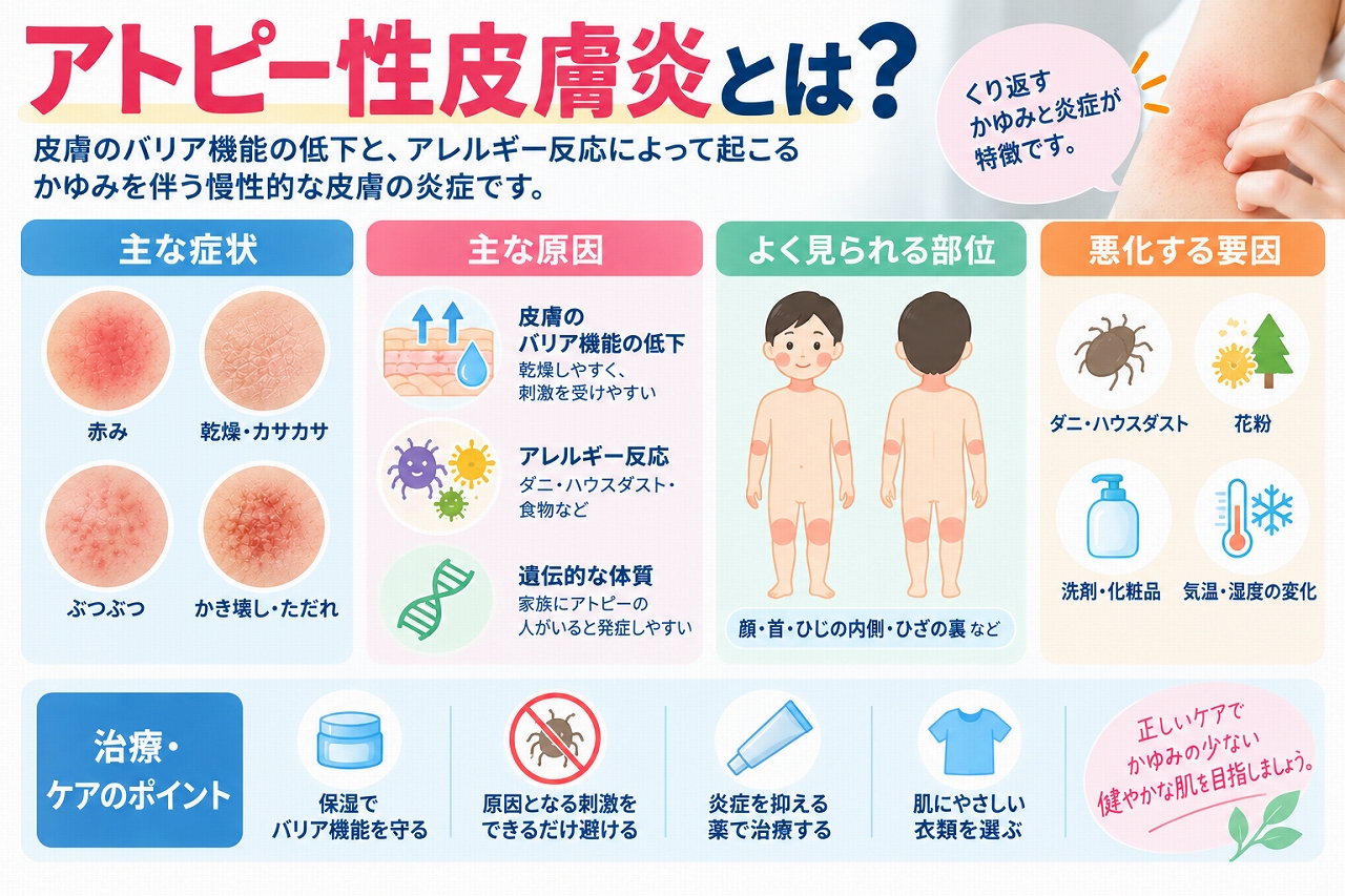 アトピー性皮膚炎とは、皮膚のバリア機能の低下や免疫反応などが関係し、かゆみを伴う湿疹を繰り返す皮膚疾患で、赤み・乾燥・ぶつぶつ・かき壊しなどの症状や、よくみられる部位、悪化要因を示した図