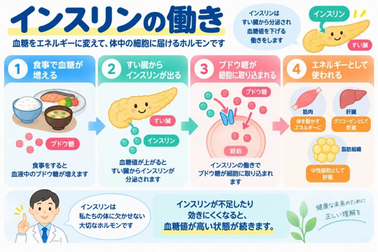 インスリンの働きとは？血糖値を下げる仕組みとブドウ糖の役割を図解