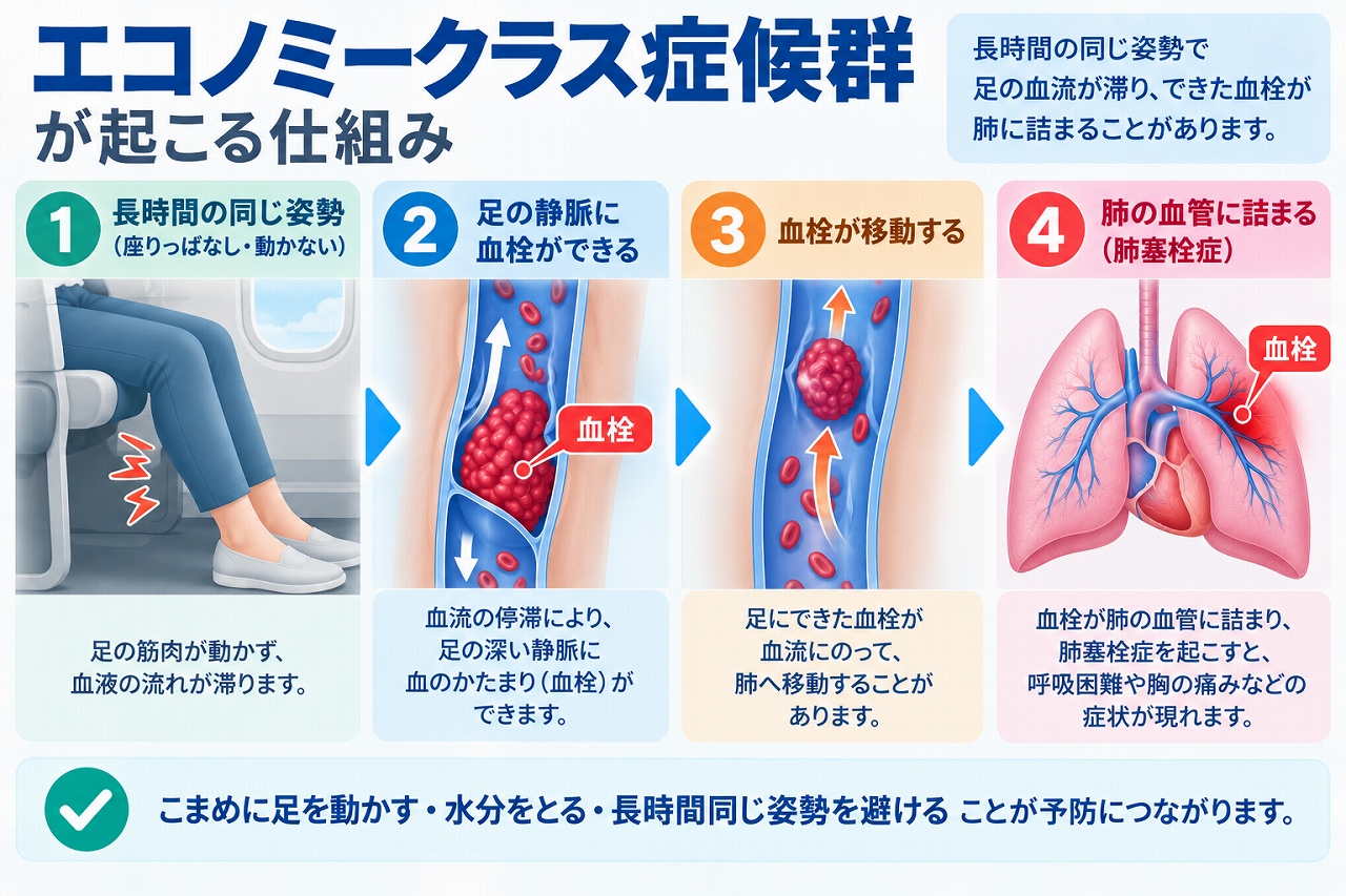 エコノミークラス症候群が起こる仕組みを、長時間同じ姿勢で足の血流が滞り、深い静脈に血栓ができ、その血栓が血流に乗って肺へ移動し肺塞栓症を起こすまでの流れで示した図