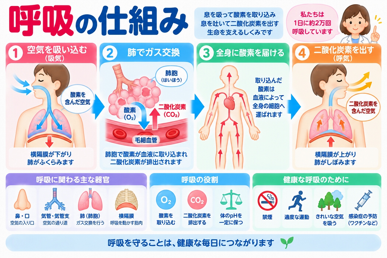 呼吸の仕組みを解説した医療インフォグラフィック。空気を吸い込む吸気、肺胞での酸素と二酸化炭素のガス交換、血液による全身への酸素供給、二酸化炭素を排出する呼気の4段階を図解。横隔膜の上下運動や気管・気管支・肺胞の役割、禁煙や適度な運動など呼吸器の健康を守る方法を紹介。