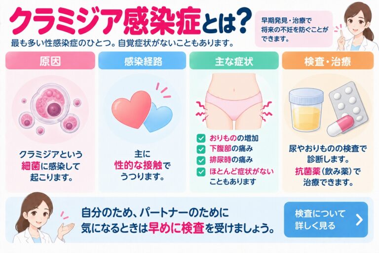 クラミジア感染症の原因や感染経路、症状を解説したインフォグラフィック。クラミジアという細菌が主に性的接触によって感染し、おりものの増加、下腹部痛、排尿時痛などが現れる一方、自覚症状がないことも多いことや、検査・抗菌薬による治療について紹介