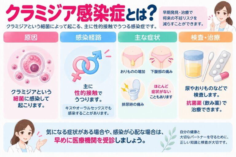 クラミジア感染症の原因や感染経路、症状を解説したインフォグラフィック。クラミジアという細菌が主に性的接触によって感染し、おりものの増加、下腹部痛、排尿時痛などが現れる一方、自覚症状がないことも多いことや、検査・抗菌薬による治療について紹介