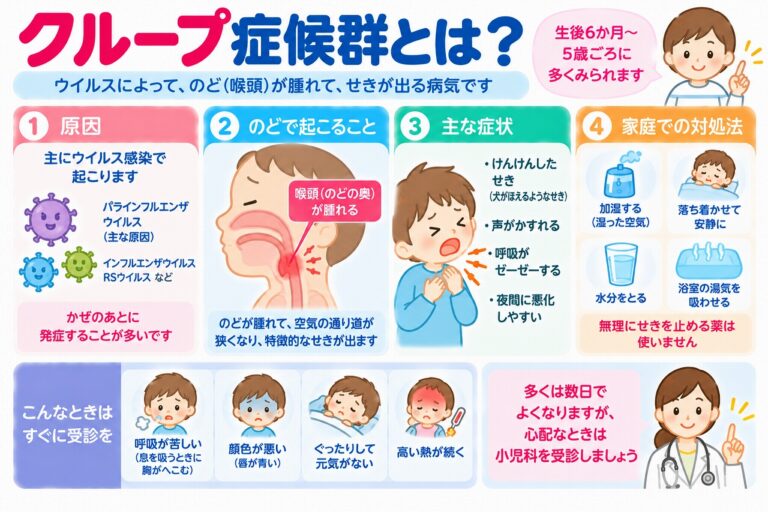 クループ症候群とは？犬が吠えるような咳・声がれの原因と症状・対処法を図解
