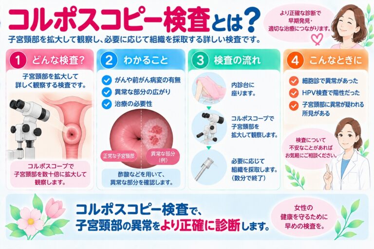 コルポスコピー検査について解説したインフォグラフィック。子宮頸部を拡大して観察し、異常が疑われる部分を確認する検査について、検査の目的や流れ、細胞診やHPV検査で異常がみられた場合の精密検査、必要に応じて行う組織診について紹介