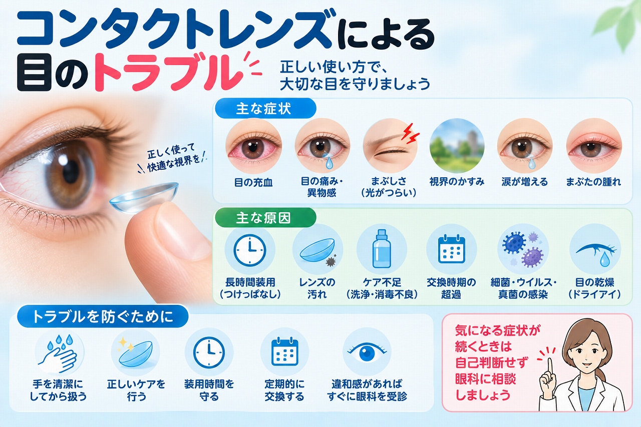 コンタクトレンズによる目のトラブルを解説したインフォグラフィック。長時間装用、レンズの汚れ、ケア不足、交換時期の超過などによって、充血、目の痛み、異物感、まぶしさ、視界のかすみなどが起こる原因と予防方法を紹介