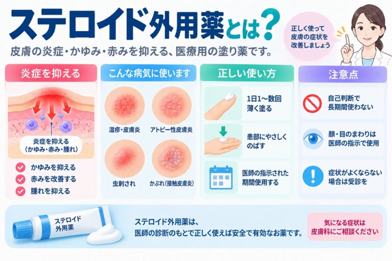 ステロイド外用薬とは、湿疹・皮膚炎・アトピー性皮膚炎・虫刺され・かぶれなどによる皮膚の炎症を抑え、かゆみ・赤み・腫れを改善する塗り薬で、主な効果や使い方、注意点を示した図