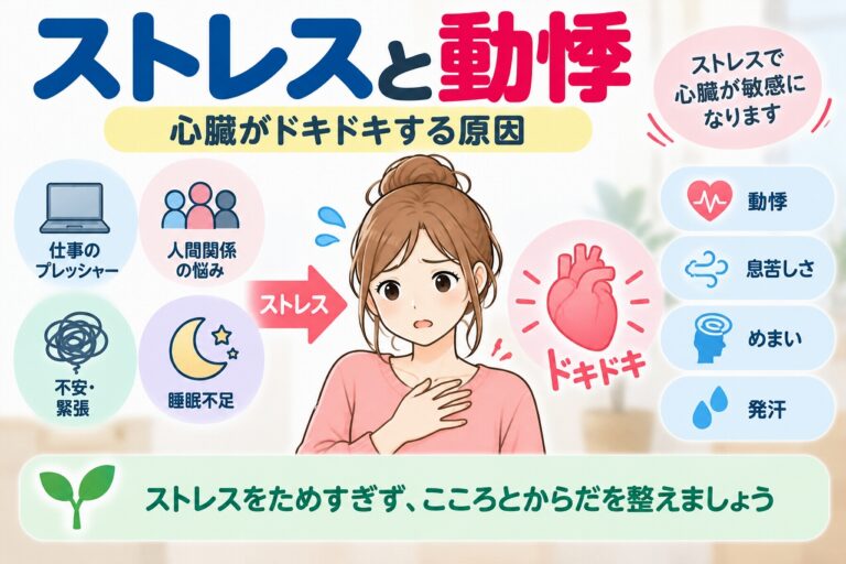 ストレスと動悸の関係を解説した医療インフォグラフィック。仕事のプレッシャー、人間関係の悩み、不安や緊張、睡眠不足などが自律神経に影響し、心臓がドキドキする様子をイラストで紹介。動悸、息苦しさ、めまい、発汗などの症状と、ストレス管理や生活習慣を整える重要性を図解。