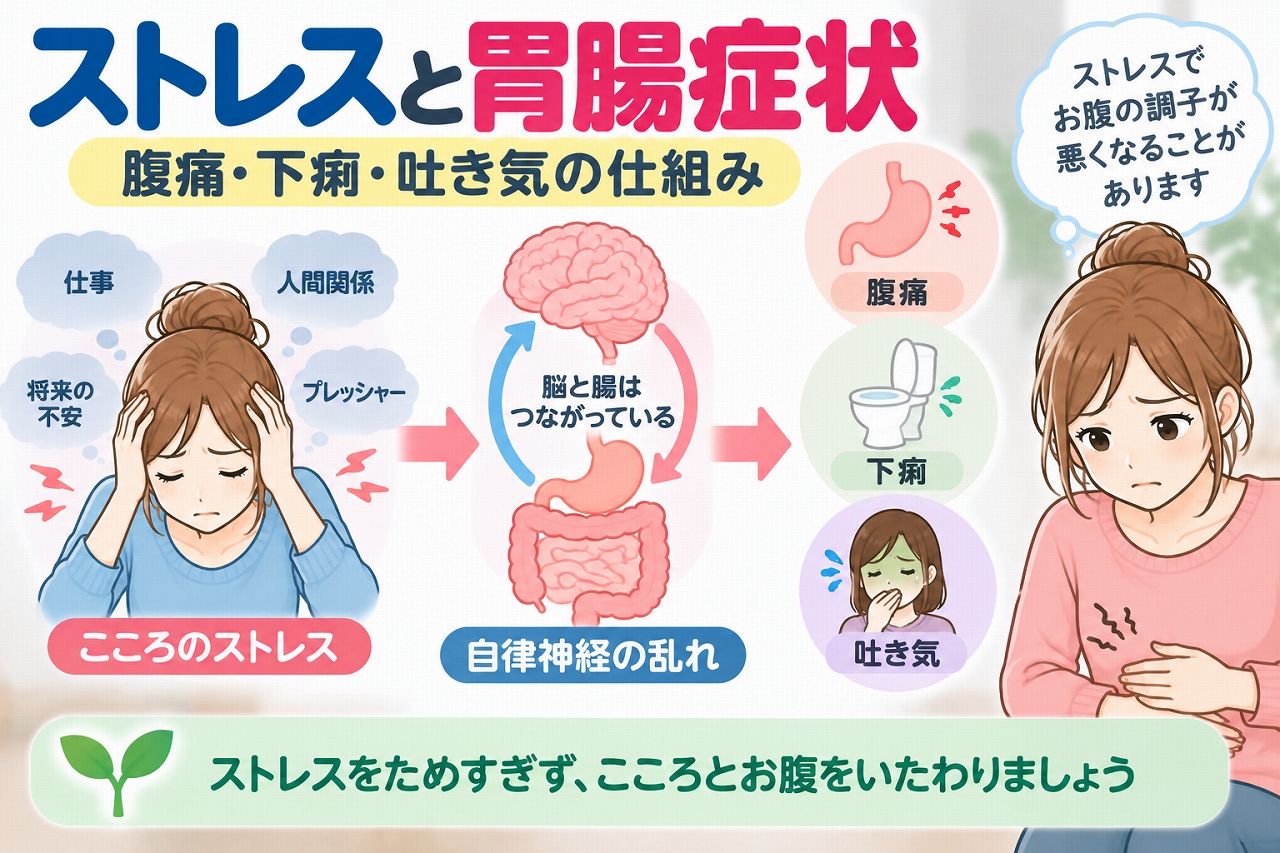 ストレスによって腹痛・下痢・吐き気などの胃腸症状が起こる仕組みを解説した医療インフォグラフィック。仕事や人間関係、将来への不安などの心理的ストレスが、脳と腸の相互作用や自律神経の働きに影響する様子を図解。脳腸相関と胃腸症状の関係、心と身体の両面からケアする重要性を紹介。