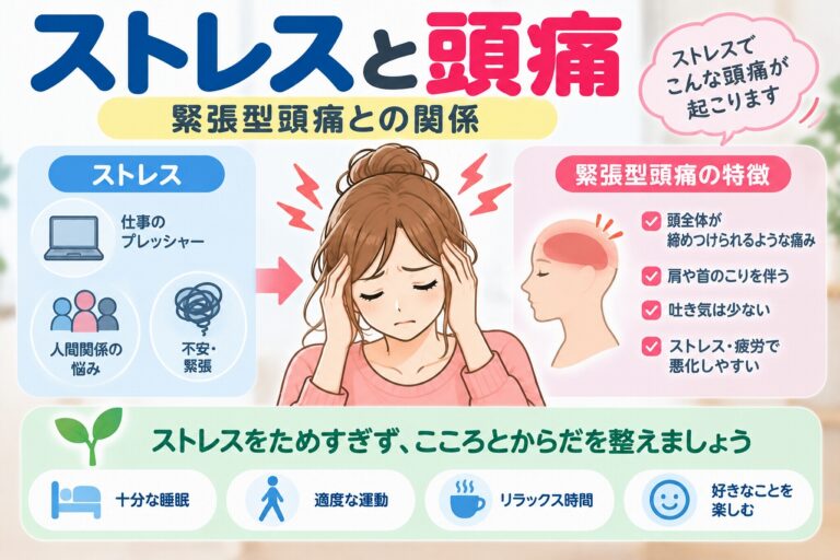ストレスと緊張型頭痛の関係を解説した医療インフォグラフィック。仕事のプレッシャー、人間関係の悩み、不安や緊張などのストレス要因と、頭を締めつけられるような痛み、首や肩のこりなどの特徴を紹介。十分な睡眠、適度な運動、リラックスする時間など、頭痛を軽減するための生活習慣を図解。