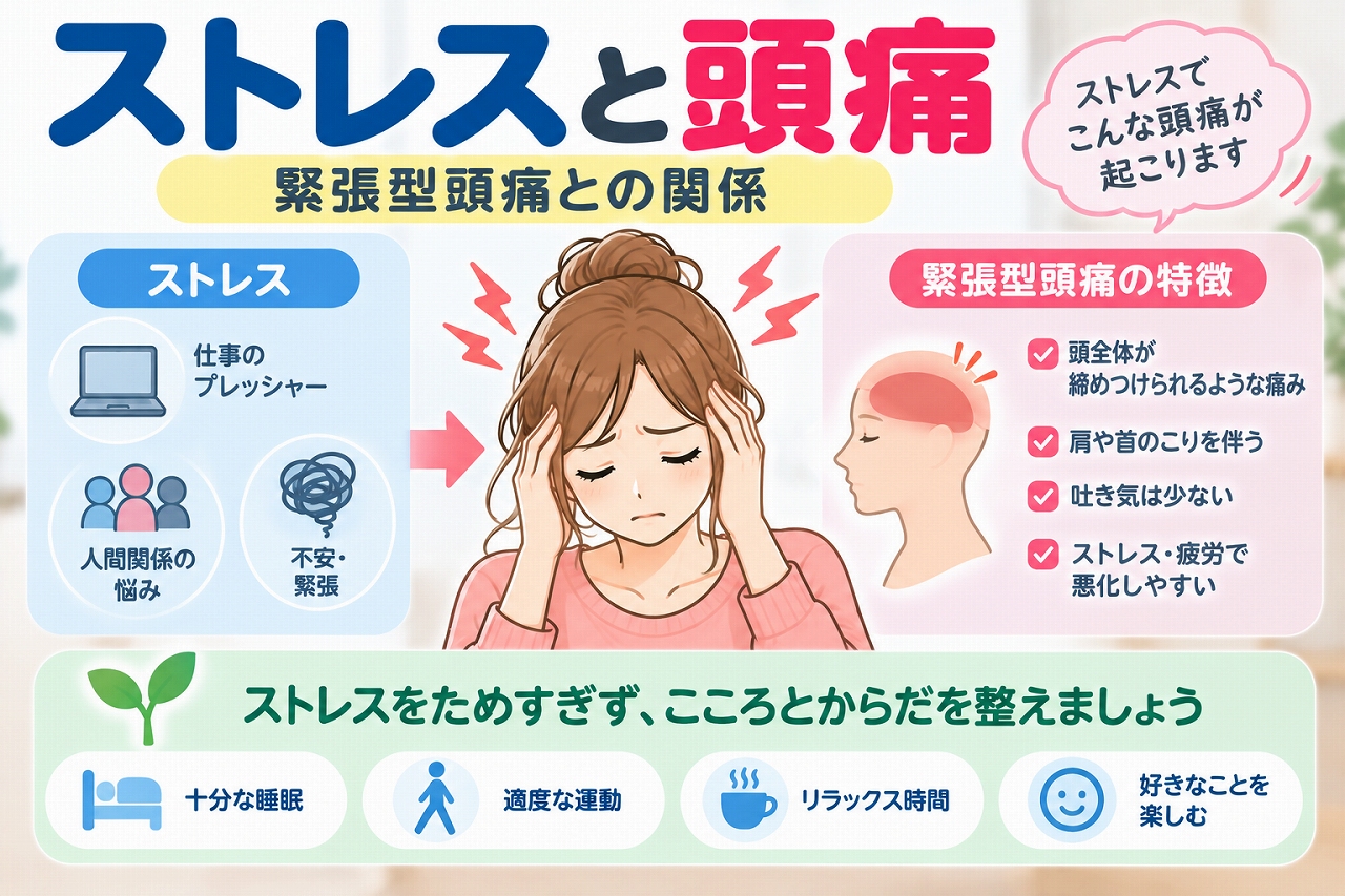 ストレスと緊張型頭痛の関係を解説した医療インフォグラフィック。仕事のプレッシャー、人間関係の悩み、不安や緊張などのストレス要因と、頭を締めつけられるような痛み、首や肩のこりなどの特徴を紹介。十分な睡眠、適度な運動、リラックスする時間など、頭痛を軽減するための生活習慣を図解。