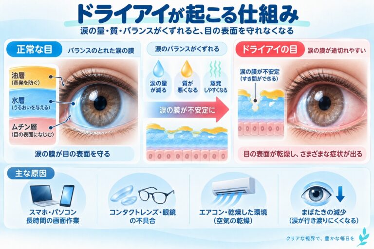 ドライアイが起こる仕組み｜涙の膜が不安定になり目が乾燥する原因