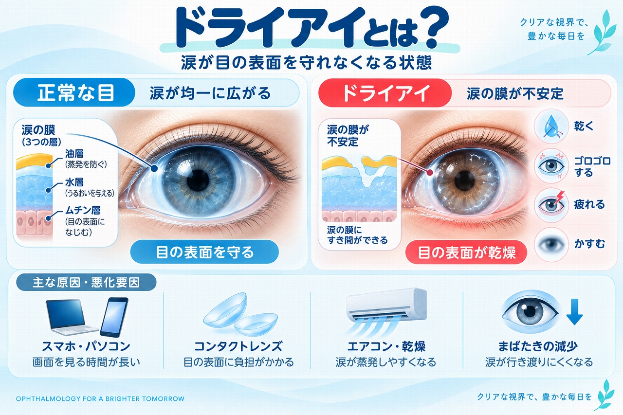 ドライアイの仕組みを正常な目と比較したインフォグラフィック。涙の膜が不安定になることで目の表面が乾燥し、乾く、ゴロゴロする、疲れる、かすむなどの症状が起こることを解説