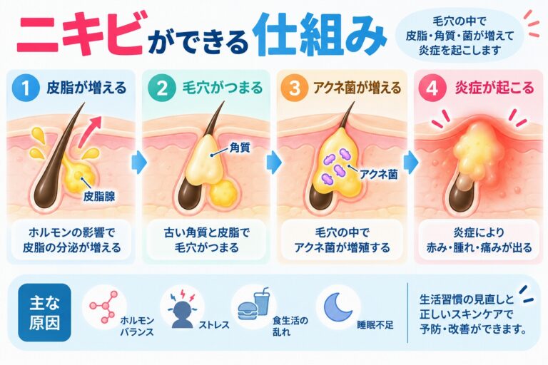 ニキビができる仕組み｜皮脂・毛穴のつまり・アクネ菌と炎症の流れ