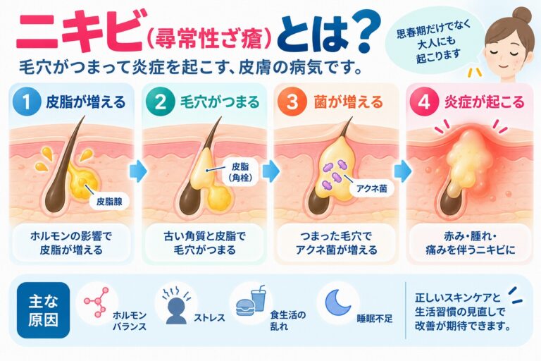 ニキビ（尋常性ざ瘡）とは？毛穴がつまって炎症が起こる原因と仕組み