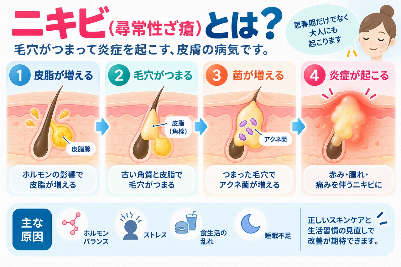 ニキビ（尋常性ざ瘡）とは、皮脂の増加や角質によって毛穴がつまり、アクネ菌が増殖して炎症が起こる皮膚疾患で、皮脂の増加から毛穴のつまり、炎症性ニキビへ進む仕組みを示した図