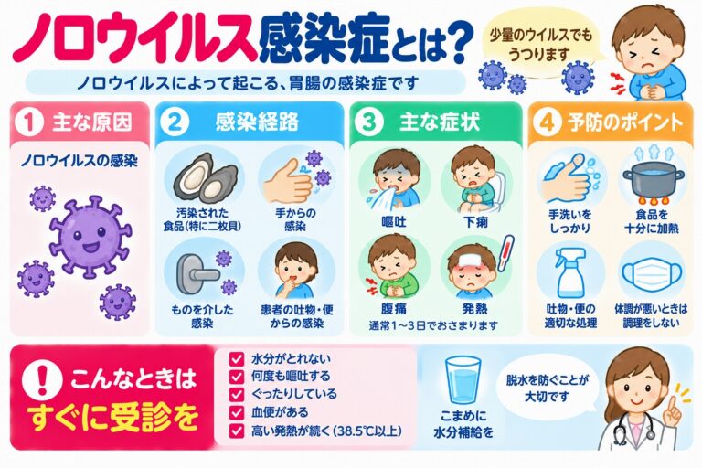 ノロウイルス感染症とは？嘔吐・下痢の症状・感染経路・予防方法を図解