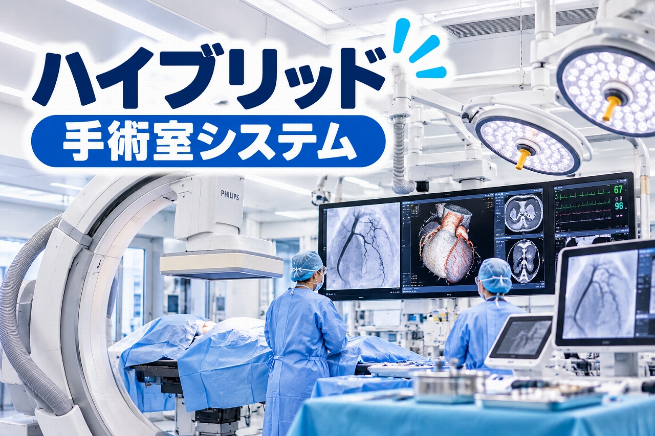ハイブリッド手術室システムの医療用アイキャッチ画像。清潔な手術室に大型Cアーム型X線撮影装置、手術台、無影灯、複数の医療画像モニターを配置し、医療スタッフが患者の手術を行う様子を描いている。モニターには血管造影画像や心臓の3D画像などが表示され、画像診断と外科手術を組み合わせたハイブリッド手術室の特徴を紹介している。