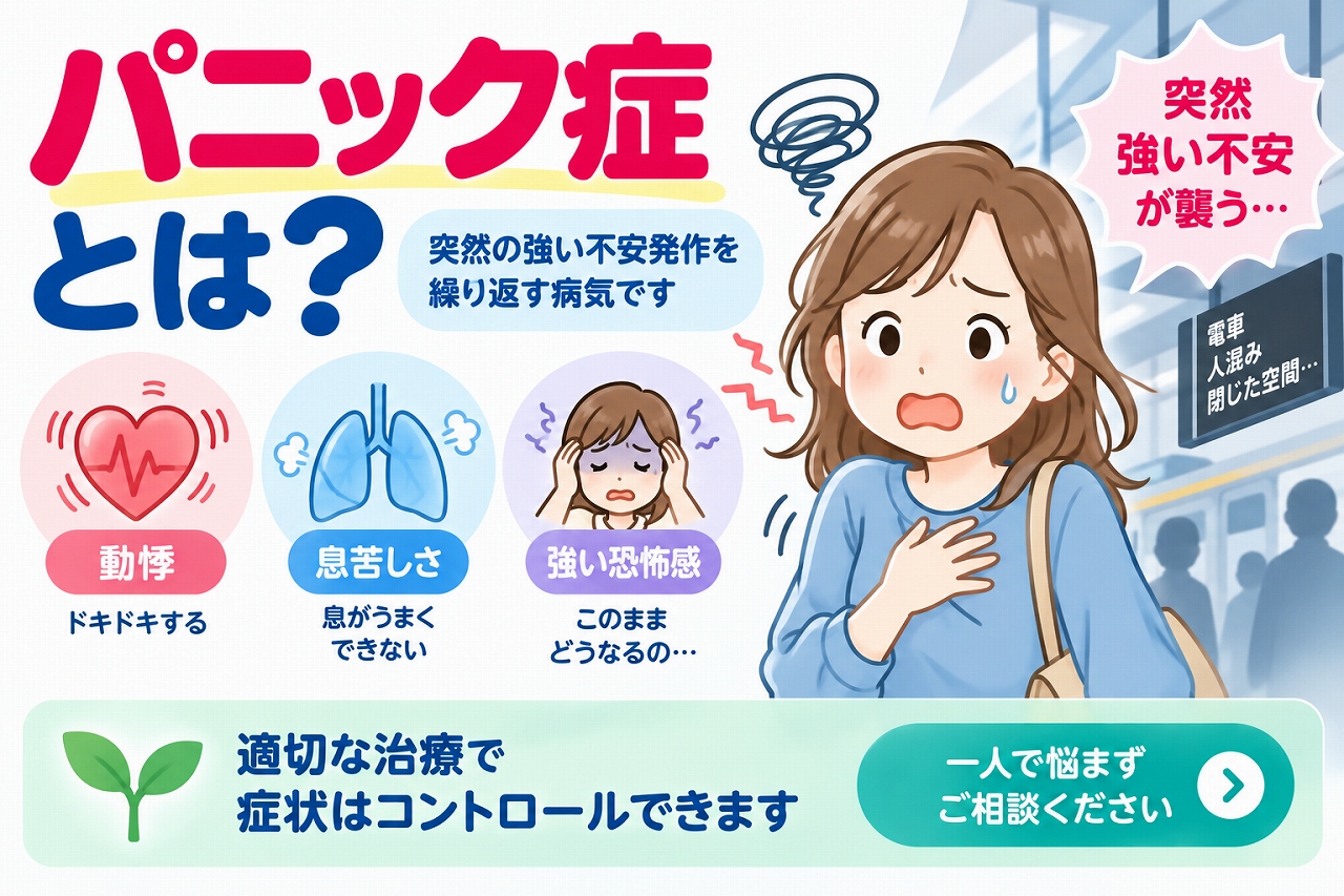 パニック症の主な症状や特徴を解説した医療インフォグラフィック。突然の激しい動悸、息苦しさ、強い恐怖感などのパニック発作をイラストで紹介。電車や人混みなどで不安を感じる様子と、適切な治療によって症状の改善が期待できることを図解。