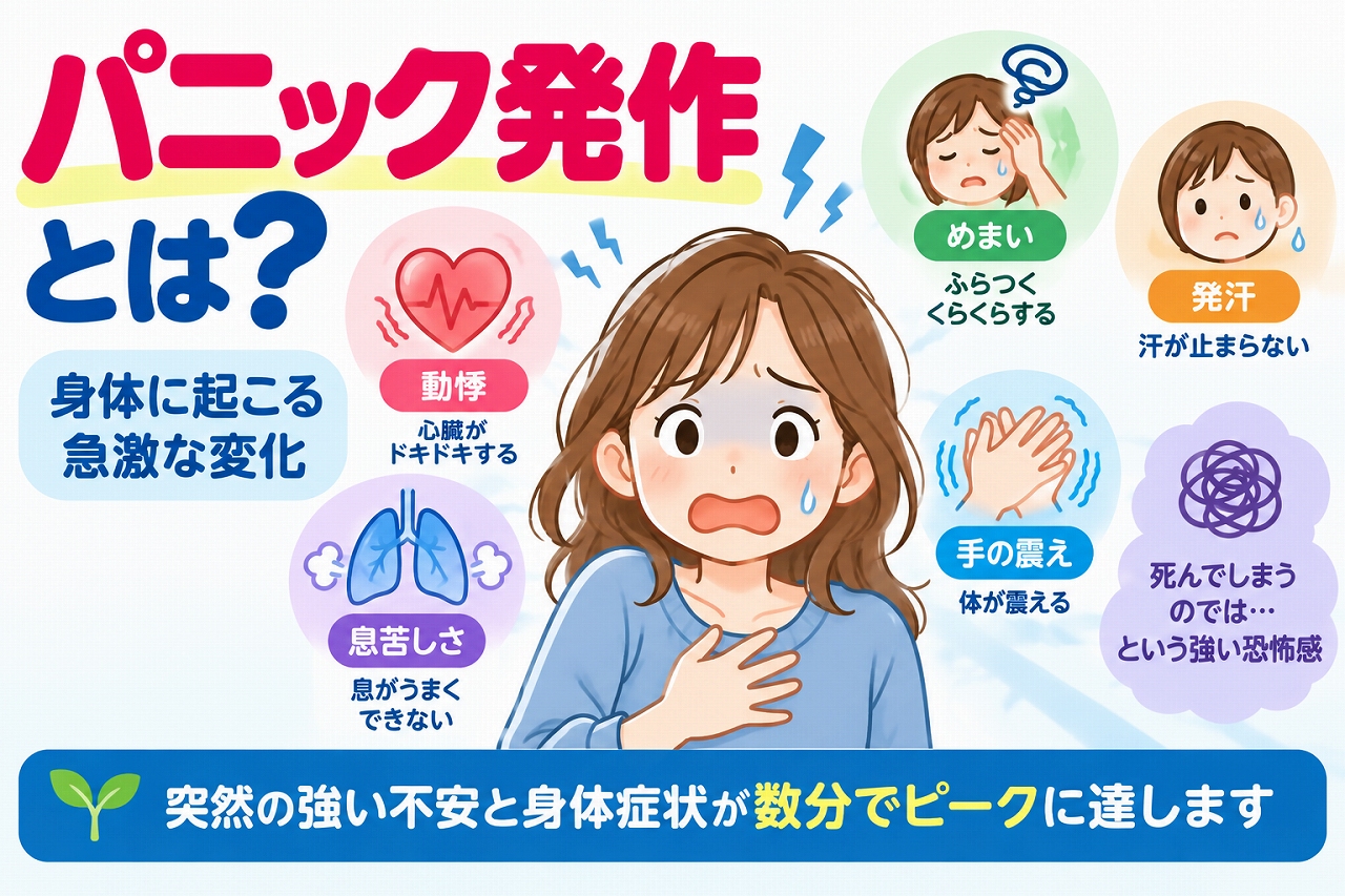 パニック発作によって身体に起こる急激な変化を解説した医療インフォグラフィック。突然の動悸、息苦しさ、めまい、発汗、手の震え、強い恐怖感などの症状をイラストで紹介。強い不安と身体症状が急激に現れ、通常は数分以内にピークに達する仕組みを図解。