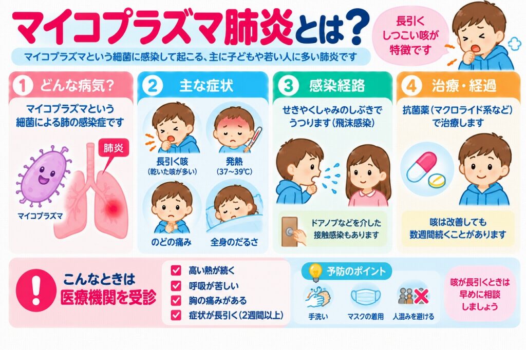 マイコプラズマ肺炎とは？子どもの長引く咳・発熱の原因と症状・治療法を図解