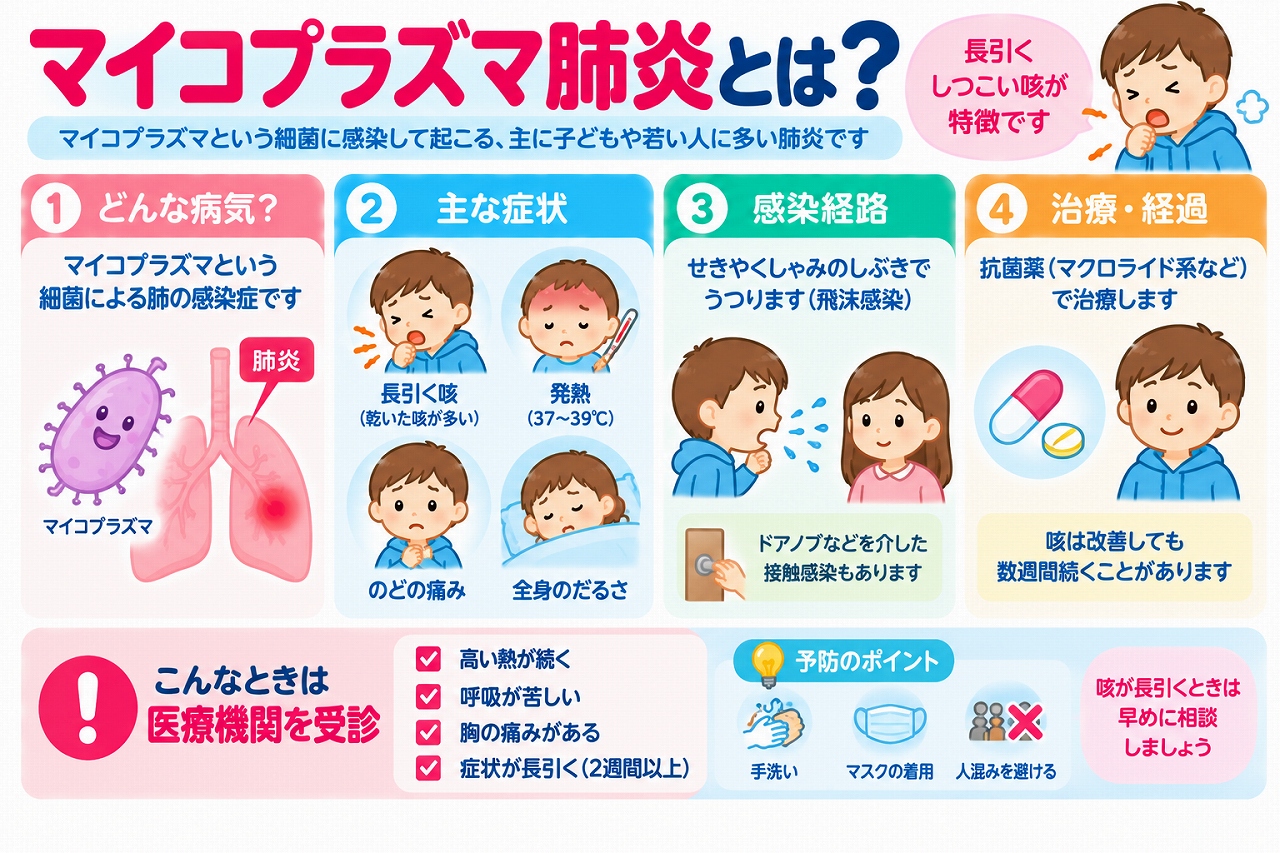 マイコプラズマ肺炎の原因や症状、感染経路、治療法を解説した医療インフォグラフィック。マイコプラズマという細菌による肺の感染症で、長引く乾いた咳、発熱、のどの痛み、全身のだるさなどが現れることを紹介。飛沫感染や接触感染、抗菌薬による治療、手洗いやマスクなどの感染予防、受診の目安を図解。