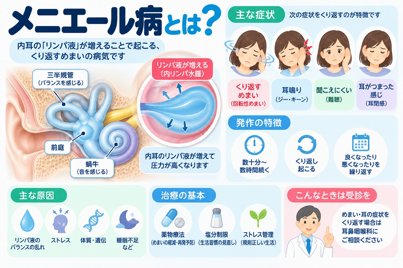 メニエール病の原因や症状を解説したインフォグラフィック。内耳のリンパ液が増える内リンパ水腫と、繰り返す回転性めまい、耳鳴り、難聴、耳の詰まり感などの特徴や治療・生活管理について紹介