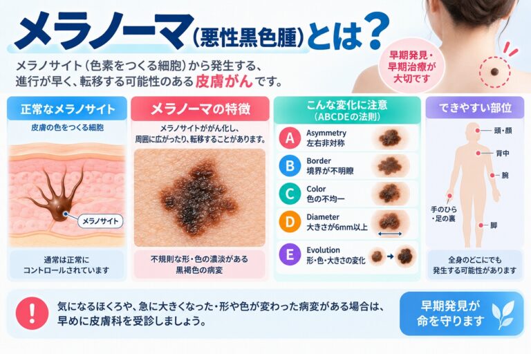 メラノーマ（悪性黒色腫）とは、メラノサイトから発生する皮膚がんで、左右非対称・境界不明瞭・色の不均一・大きさ・形や色の変化など、早期発見の目安となるABCDEの特徴を示した図