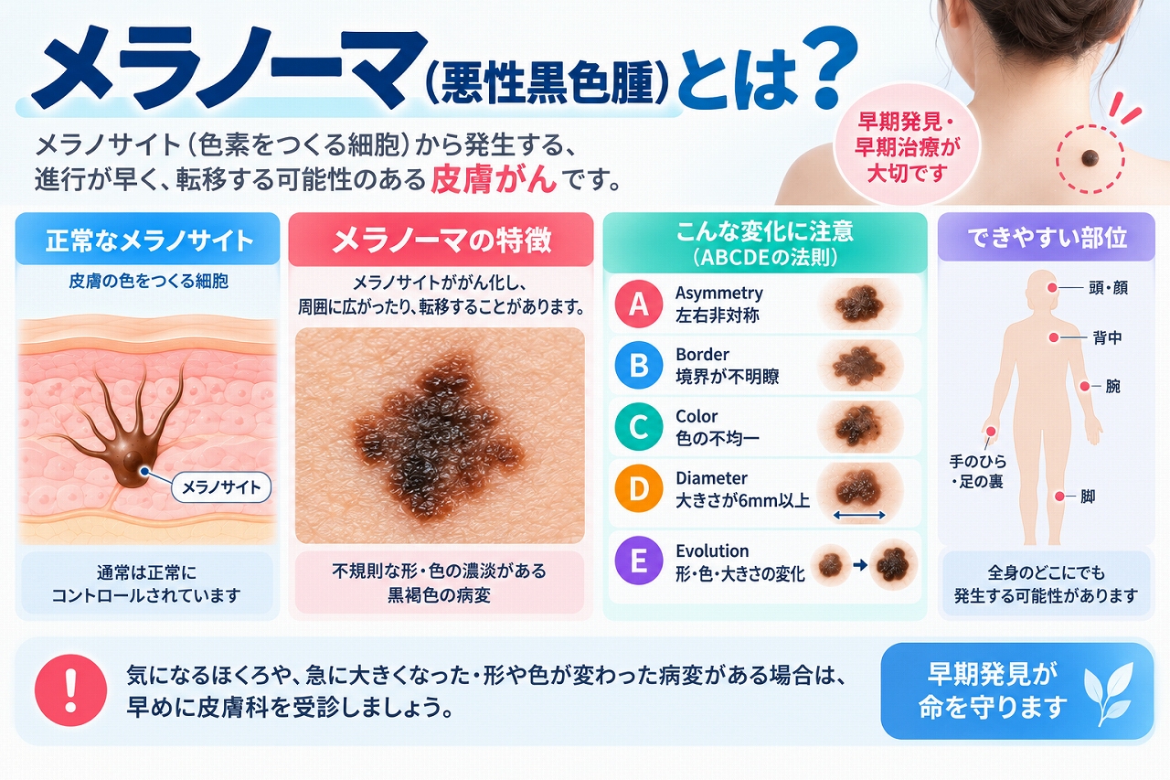 メラノーマ（悪性黒色腫）とは、メラノサイトから発生する皮膚がんで、左右非対称・境界不明瞭・色の不均一・大きさ・形や色の変化など、早期発見の目安となるABCDEの特徴を示した図