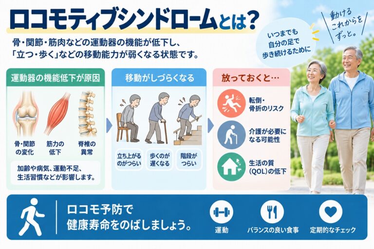 ロコモティブシンドロームとは、骨・関節・筋肉などの運動器の機能が低下し、立つ・歩くなどの移動能力が低下した状態で、転倒や骨折、要介護のリスクと予防のポイントを示した図