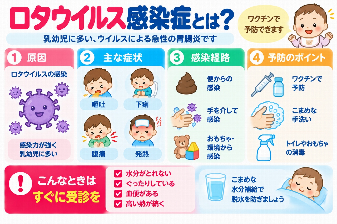 ロタウイルス感染症の原因、症状、感染経路、予防方法を解説した医療インフォグラフィック。乳幼児に多い嘔吐、下痢、腹痛、発熱などの症状を紹介。便や汚染された手指、おもちゃなどを介した感染と、ワクチン接種、手洗い、環境の消毒による予防、脱水を防ぐための水分補給、受診の目安を図解。