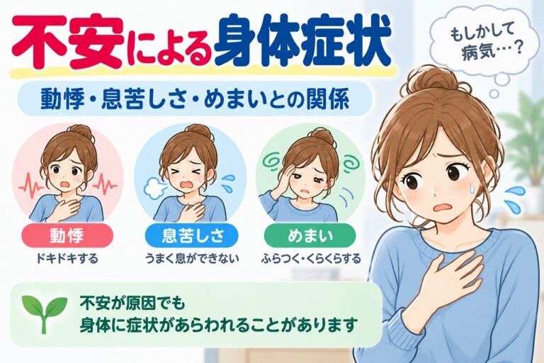 不安による身体症状を解説した医療インフォグラフィック。強い不安や緊張によって動悸、息苦しさ、めまいなどが現れる様子を女性のイラストで紹介。心臓がドキドキする、うまく息ができない、ふらつくなどの症状と、心理的な不安が身体に影響することを図解。