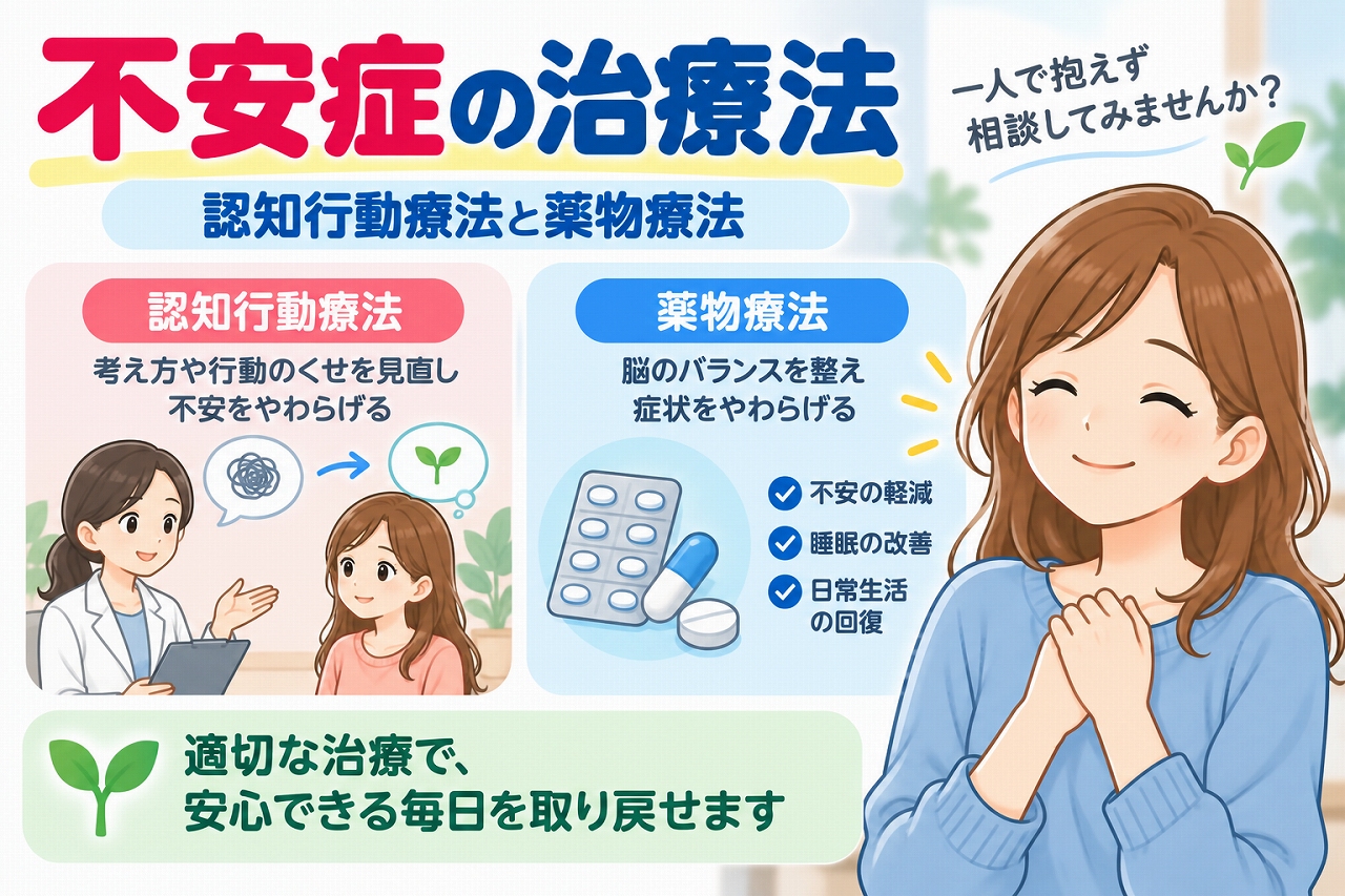 不安症の治療法を解説した医療インフォグラフィック。認知行動療法では不安につながる考え方や行動のパターンを見直す様子を、薬物療法では薬によって不安症状の軽減を目指す様子をイラストで比較。専門家との相談や適切な治療によって、日常生活の改善が期待できることを紹介。