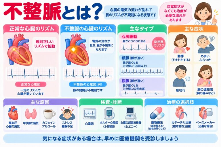 不整脈の種類や症状、原因、検査・治療法を解説した医療インフォグラフィック。正常な心拍と不整脈の心電図を比較し、心房細動、頻脈、徐脈の特徴を紹介。動悸、めまい、息切れ、胸の違和感などの症状と、心電図、ホルター心電図、心エコーによる検査、薬物療法、カテーテル治療、ペースメーカーなどを図解。
