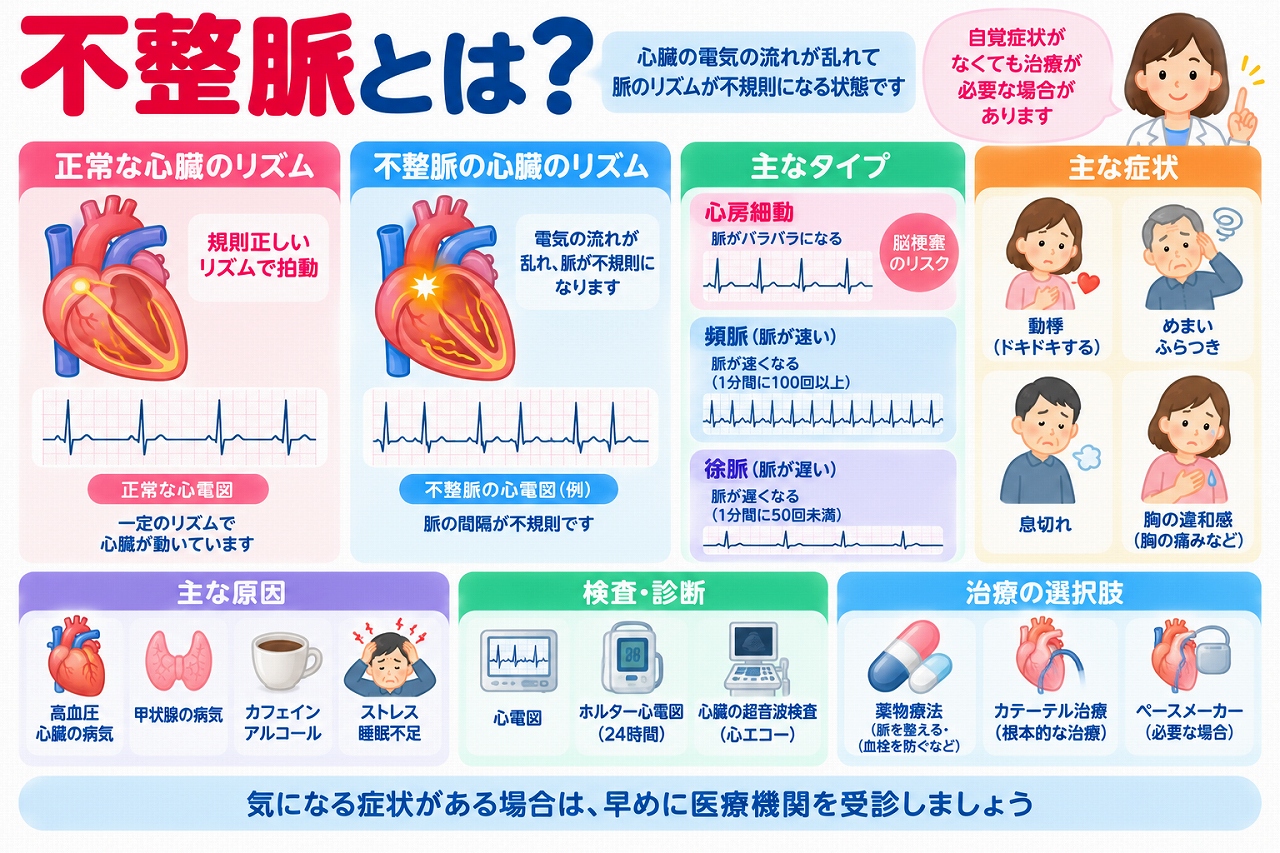 不整脈の種類や症状、原因、検査・治療法を解説した医療インフォグラフィック。正常な心拍と不整脈の心電図を比較し、心房細動、頻脈、徐脈の特徴を紹介。動悸、めまい、息切れ、胸の違和感などの症状と、心電図、ホルター心電図、心エコーによる検査、薬物療法、カテーテル治療、ペースメーカーなどを図解。