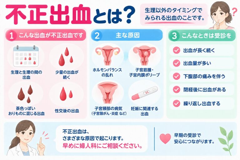 不正出血の症状や原因を解説したインフォグラフィック。生理と生理の間の出血、少量の出血、茶色いおりものに混じる出血、性交後の出血などの特徴と、ホルモンバランスの乱れ、子宮筋腫・子宮内膜ポリープ、子宮頸部の病気、妊娠に関連する出血などを紹介