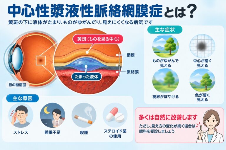 中心性漿液性脈絡網膜症とは？｜黄斑に液体がたまる原因・症状・見え方