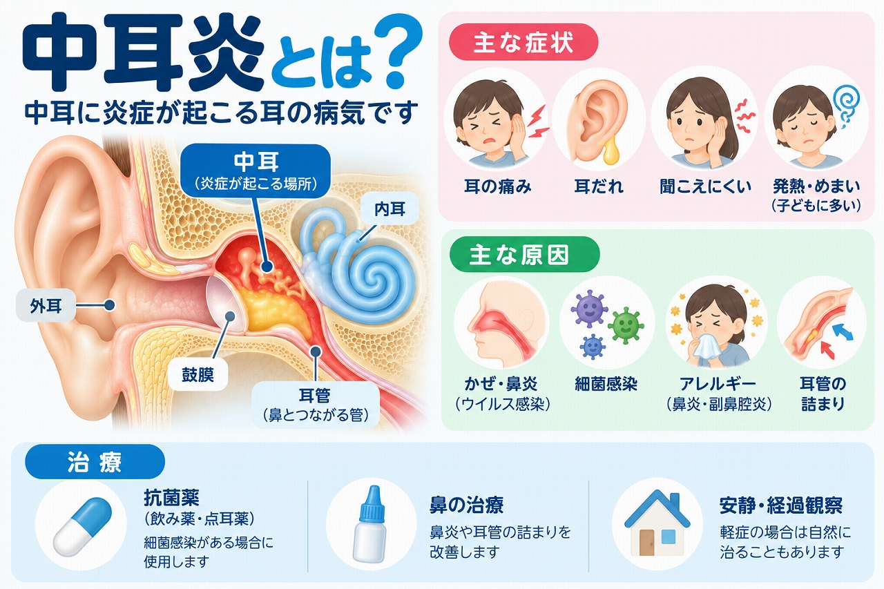 中耳炎の原因や症状を解説したインフォグラフィック。鼓膜の奥にある中耳に炎症や液体の貯留が起こる状態と、耳の痛み、耳だれ、聞こえにくさ、発熱などの症状、急性中耳炎と滲出性中耳炎の違いを紹介