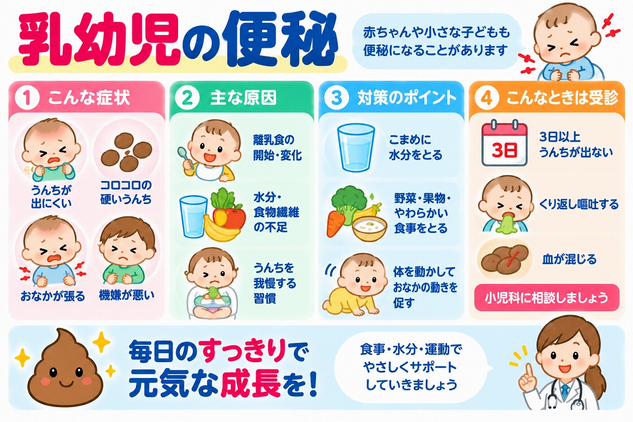 乳幼児の便秘の症状や原因、家庭での対処法を解説した医療インフォグラフィック。硬くコロコロした便、排便時の痛み、お腹の張り、機嫌の悪さなどを紹介。離乳食の開始や食生活の変化、便を我慢する習慣などの原因と、月齢に応じた水分補給、食事の工夫、体を動かすケア、受診の目安を図解。