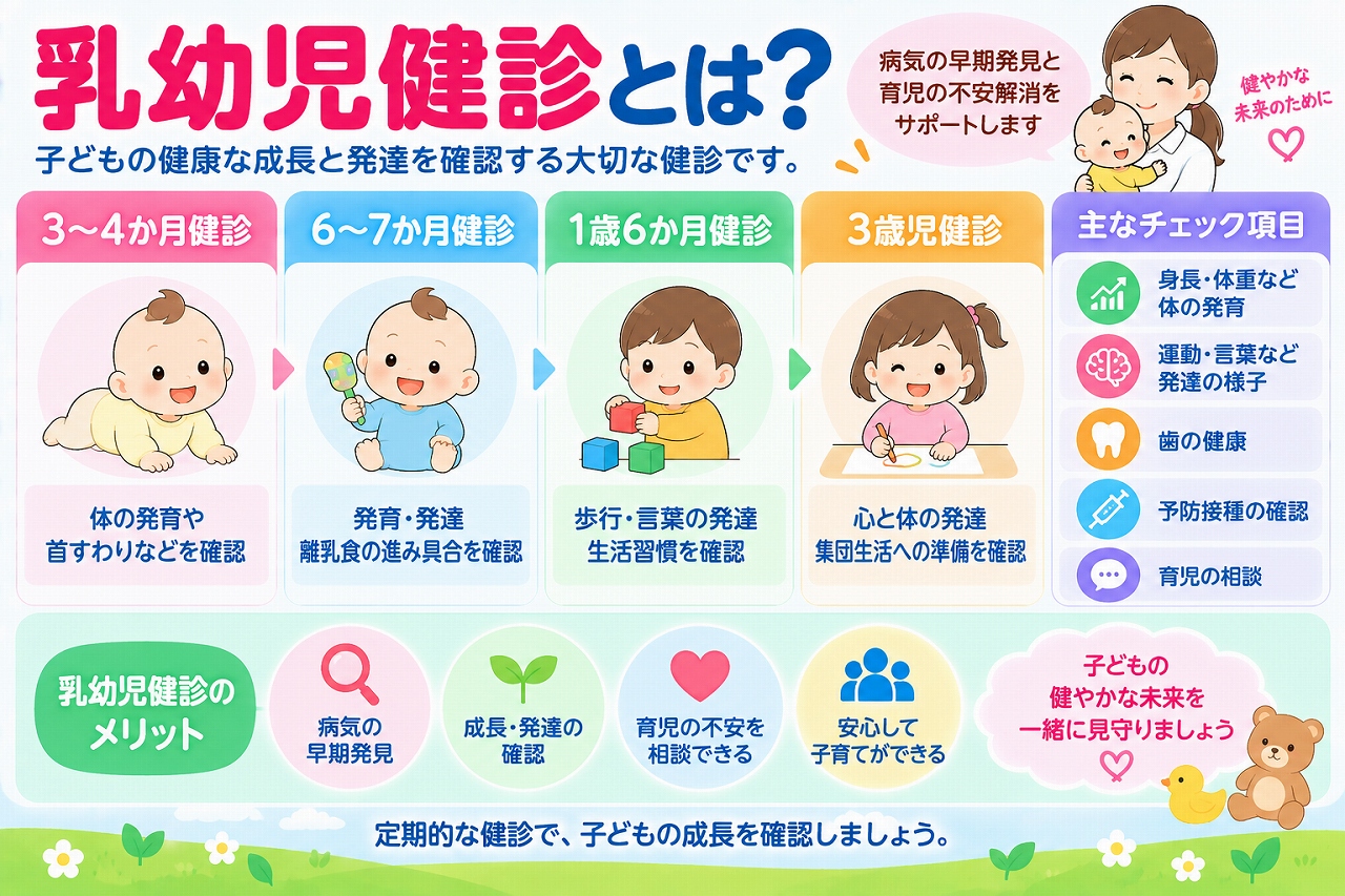 乳幼児健診について解説したインフォグラフィック。乳幼児期の子どもの身長・体重などの発育、運動や言葉などの発達、歯の健康、予防接種の状況などを確認し、育児に関する相談も行う健診について紹介