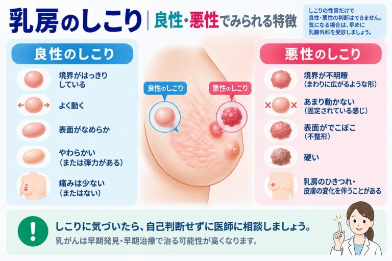 乳房のしこりについて、良性では境界が比較的はっきりして動きやすく、悪性では境界が不明瞭で硬く動きにくいなど、それぞれでみられることがある特徴を比較した図