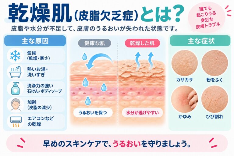 乾燥肌（皮脂欠乏症）とは、皮脂や角質層の水分が減少して皮膚のバリア機能が低下した状態で、健康な肌との違いや、カサカサ・粉をふく・かゆみ・ひび割れなどの症状と主な原因を示した図