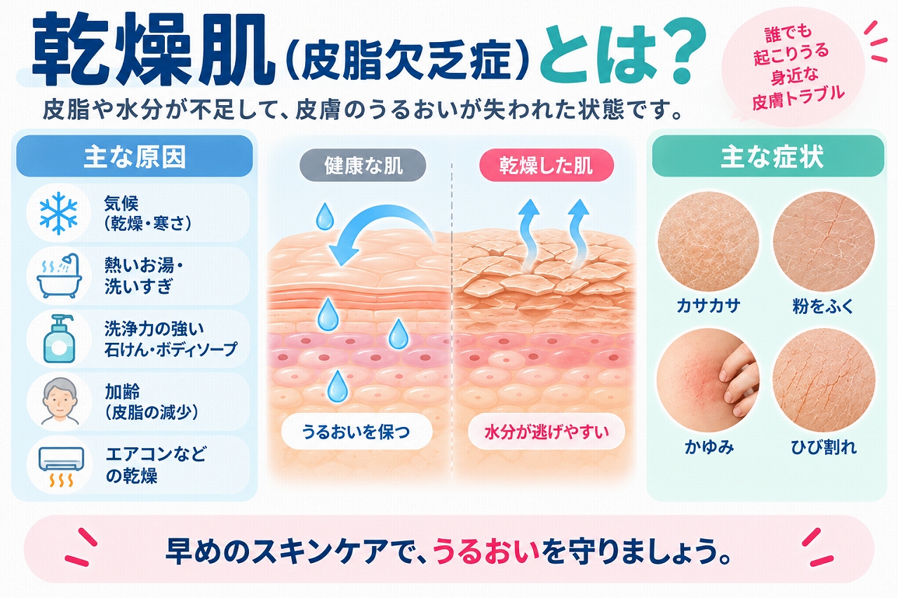 乾燥肌（皮脂欠乏症）とは、皮脂や角質層の水分が減少して皮膚のバリア機能が低下した状態で、健康な肌との違いや、カサカサ・粉をふく・かゆみ・ひび割れなどの症状と主な原因を示した図