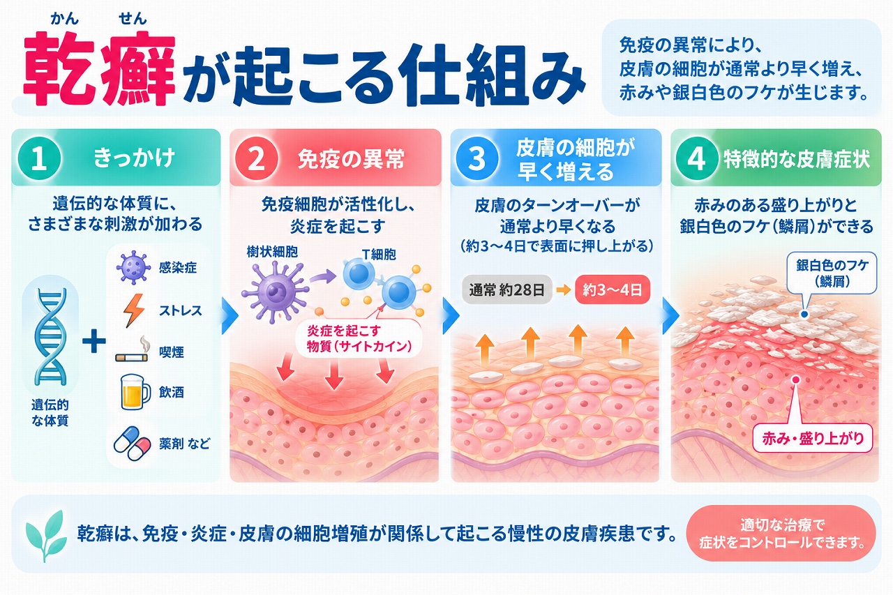 乾癬が起こる仕組みを、遺伝的な体質や環境要因をきっかけとした免疫反応、皮膚の炎症、表皮細胞の過剰な増殖によって、赤い盛り上がりや銀白色の鱗屑ができるまでの流れで示した図