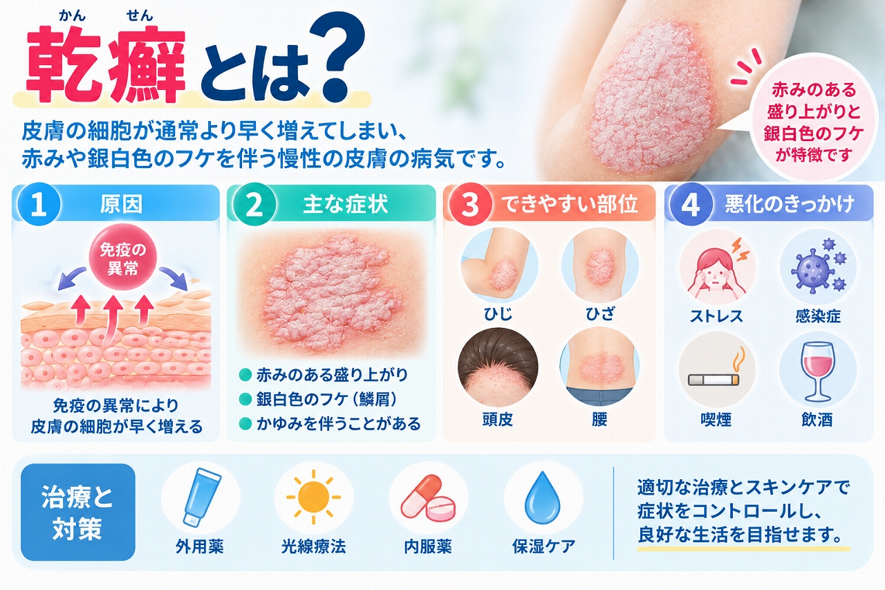 乾癬とは、免疫系の異常などにより皮膚の細胞が通常より速く増殖し、赤く盛り上がった皮疹や銀白色の鱗屑が現れる慢性の皮膚疾患で、主な症状・できやすい部位・悪化のきっかけを示した図