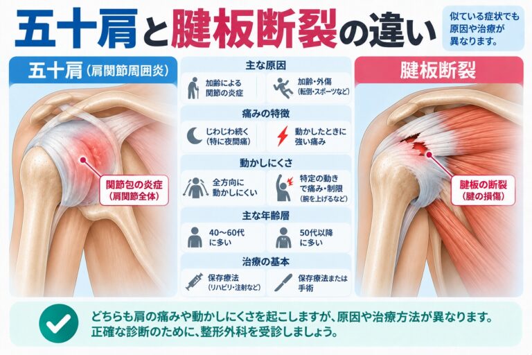 五十肩と腱板断裂の違い｜原因・症状・肩の動かしにくさを比較