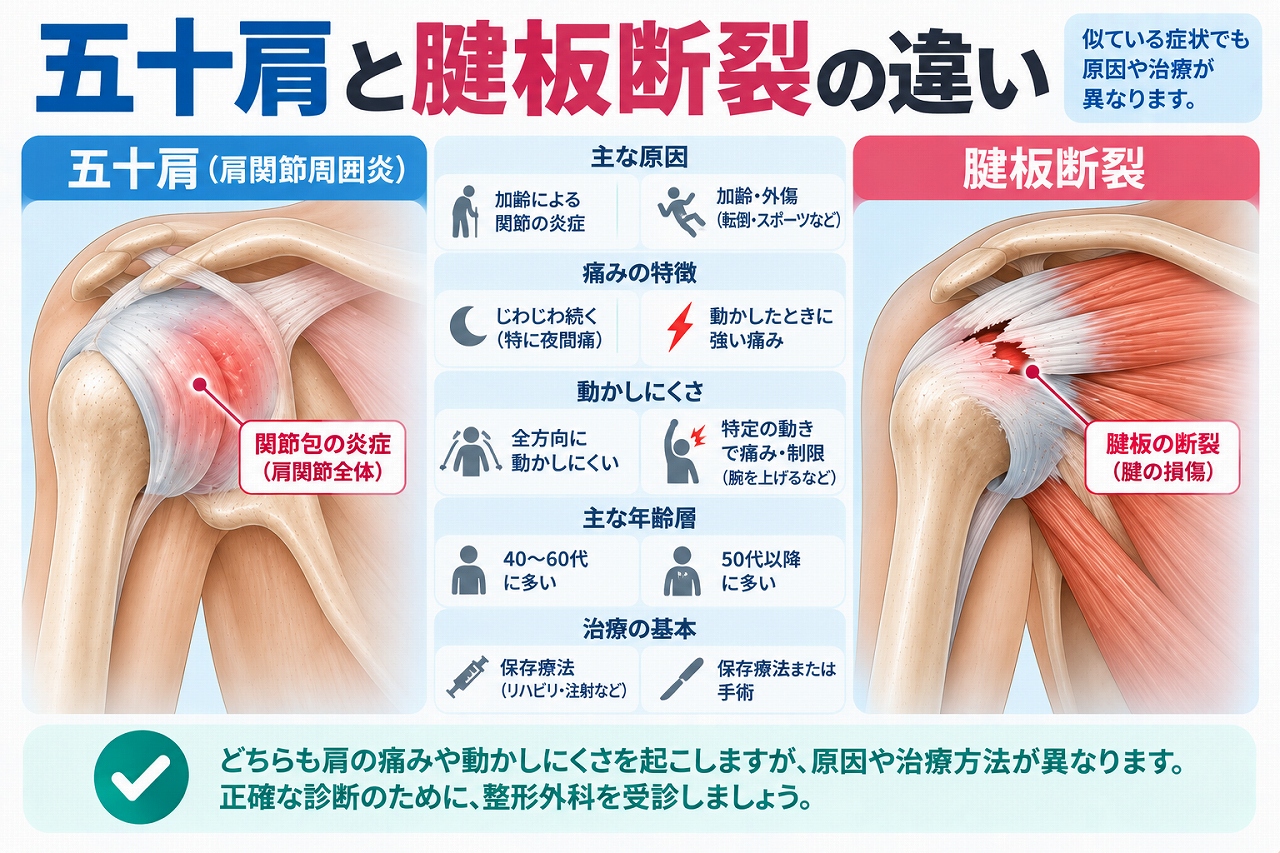 五十肩と腱板断裂の違いを、五十肩は肩関節周囲の炎症や拘縮、腱板断裂は肩を動かす腱の損傷として、痛みの特徴・肩の動かしにくさ・原因・治療方法などから比較した図