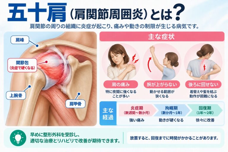 五十肩（肩関節周囲炎）とは？肩の痛み・動かしにくさと治るまでの経過
