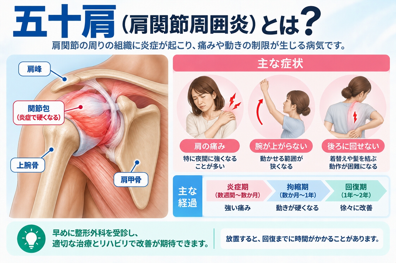五十肩（肩関節周囲炎）とは、肩関節周囲の組織に炎症などが起こり、肩の痛みや動かしにくさが現れる状態で、腕が上がらない・後ろに回せないなどの症状と経過を示した図